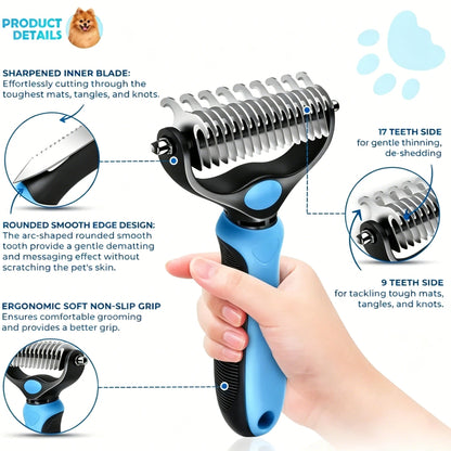 2-in-1 Stainless Steel Pet Dematting Comb, Double Sided Undercoat Rake, Anti-Slip Grooming Deshedding Brush for All Coat Types Dogs & Cats