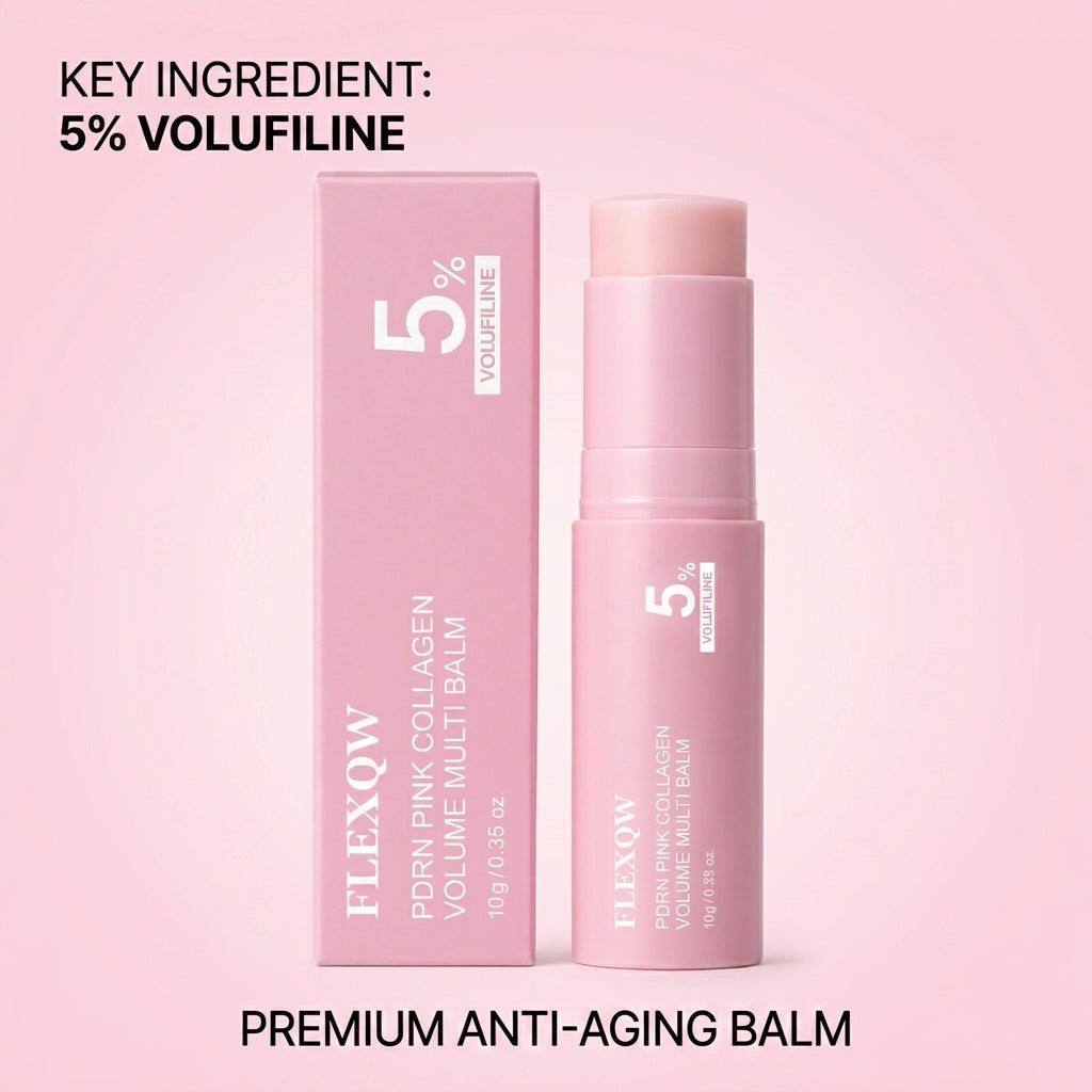 FLEXQW PDRN Pink Collagen Volume Multi Balm Stick - with 5% Volufiline & Retinol | Instant Plumping, Anti-Wrinkle & Firming Treatment for Eyes, Lips, and Neck (10g)