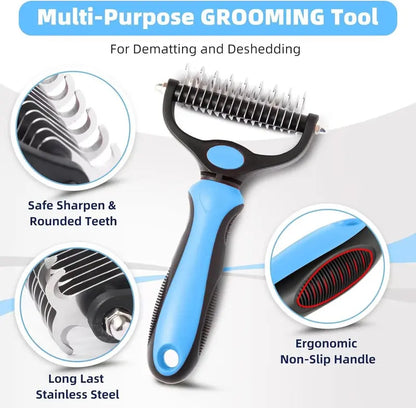 2-in-1 Stainless Steel Pet Dematting Comb, Double Sided Undercoat Rake, Anti-Slip Grooming Deshedding Brush for All Coat Types Dogs & Cats