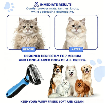 2-in-1 Stainless Steel Pet Dematting Comb, Double Sided Undercoat Rake, Anti-Slip Grooming Deshedding Brush for All Coat Types Dogs & Cats