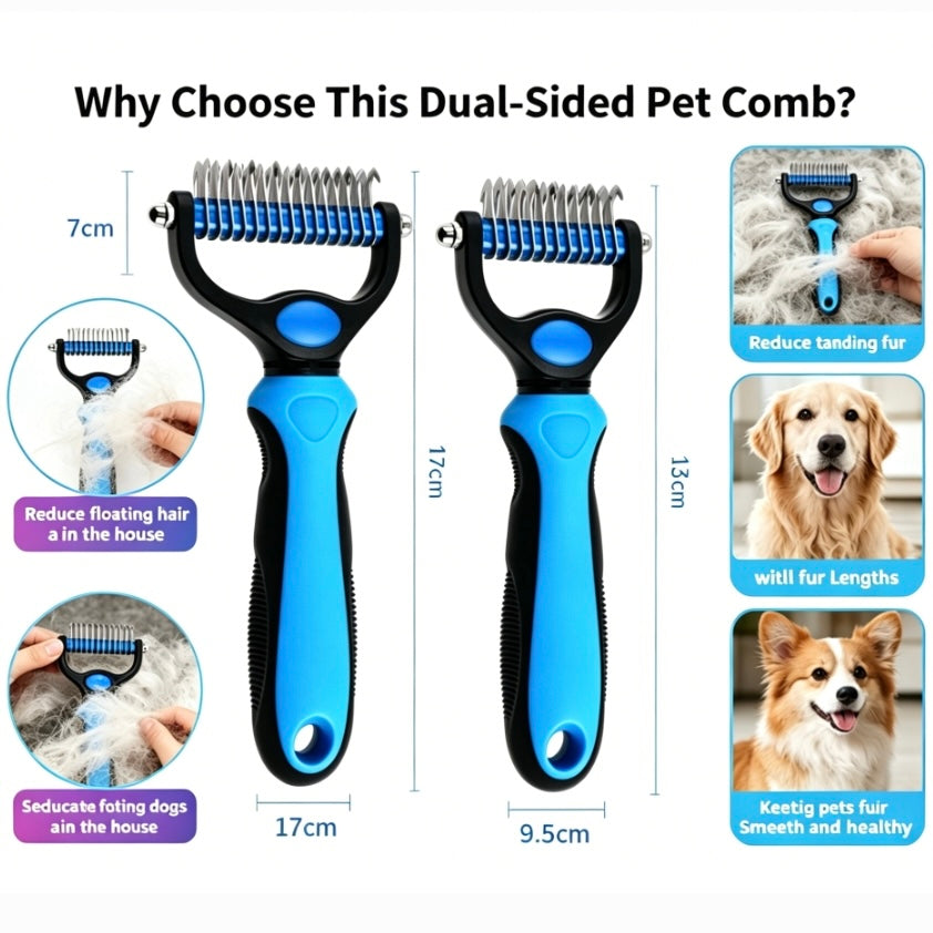 2-in-1 Stainless Steel Pet Dematting Comb, Double Sided Undercoat Rake, Anti-Slip Grooming Deshedding Brush for All Coat Types Dogs & Cats
