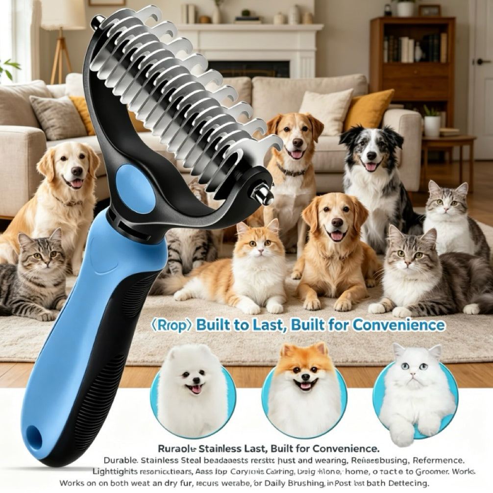 2-in-1 Stainless Steel Pet Dematting Comb, Double Sided Undercoat Rake, Anti-Slip Grooming Deshedding Brush for All Coat Types Dogs & Cats