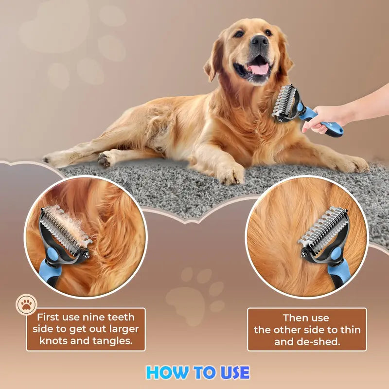 2-in-1 Stainless Steel Pet Dematting Comb, Double Sided Undercoat Rake, Anti-Slip Grooming Deshedding Brush for All Coat Types Dogs & Cats