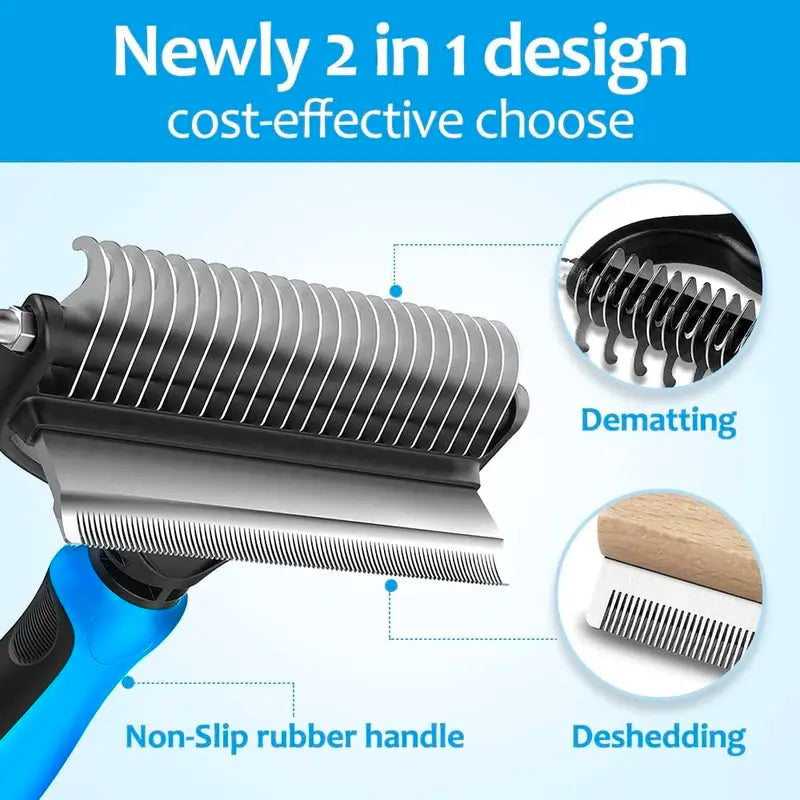 2-in-1 Stainless Steel Pet Dematting Comb, Double Sided Undercoat Rake, Anti-Slip Grooming Deshedding Brush for All Coat Types Dogs & Cats