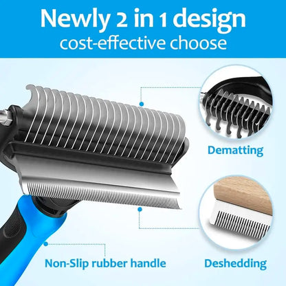 2-in-1 Stainless Steel Pet Dematting Comb, Double Sided Undercoat Rake, Anti-Slip Grooming Deshedding Brush for All Coat Types Dogs & Cats